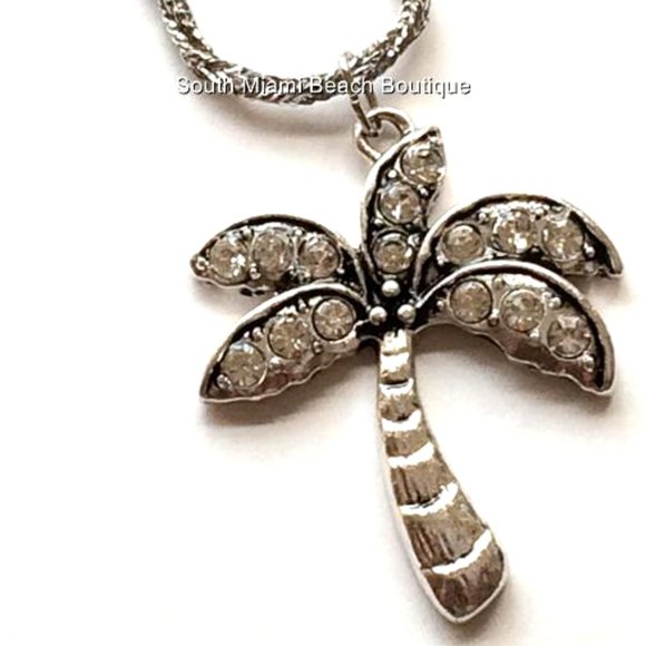 Palm Tree Necklace 24" Crystal Silver Plated BIG Pendant Island Beach Coconut - Picture 1 of 10